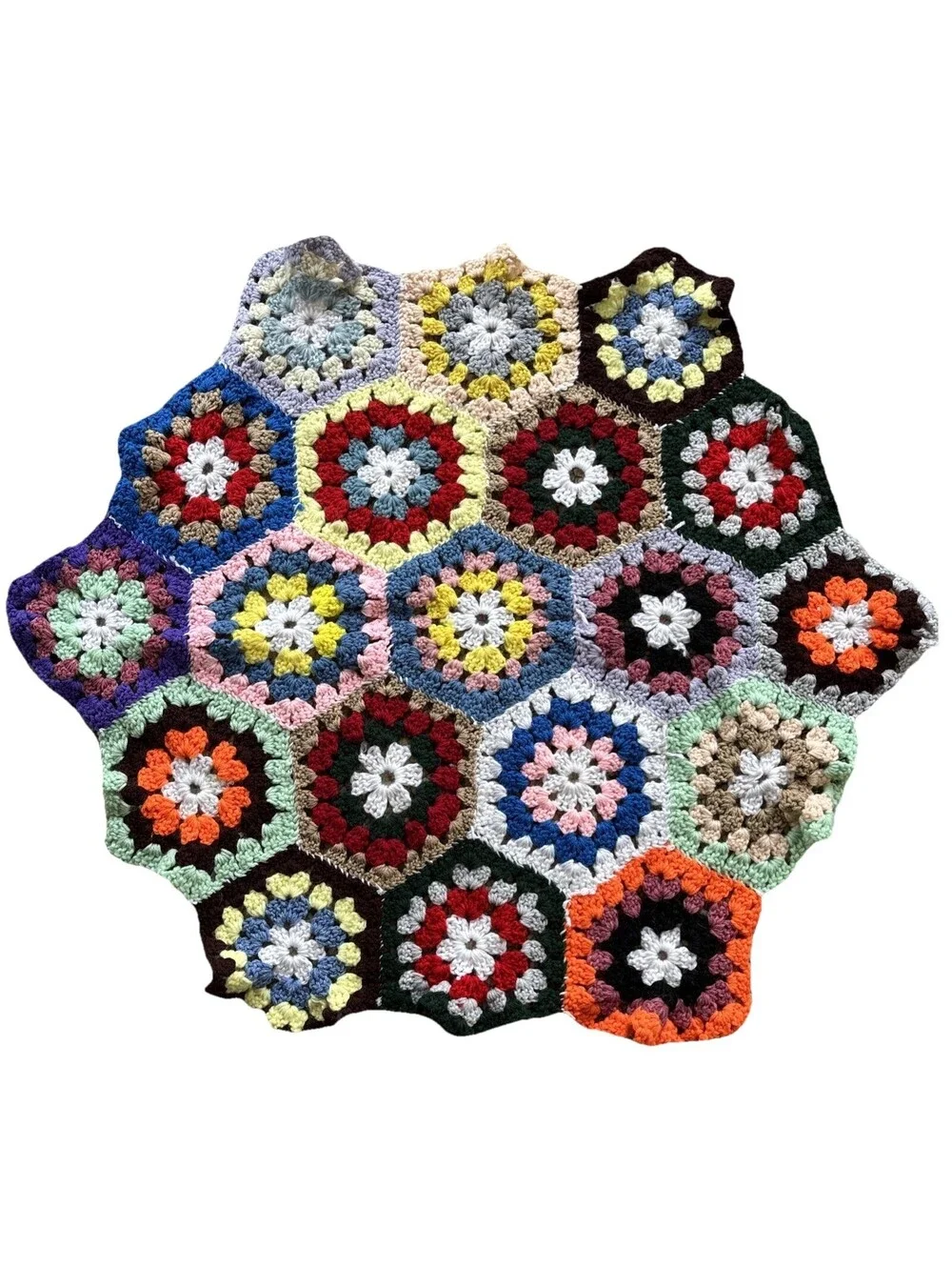 Vintage Round Crochet Afghan Blanket Hexagon Granny Multicolor Handmade Boho